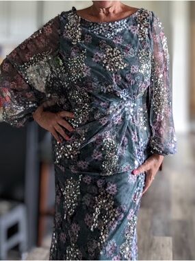 Mac Duggal Embellished Floral Mesh Evening Dress - size 10